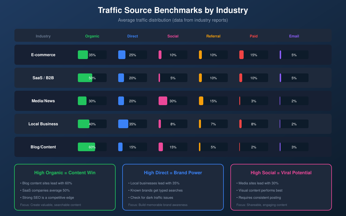Traffic source benchmarks by industry - showing typical traffic distribution for ecommerce, SaaS, media, local business, and blogs