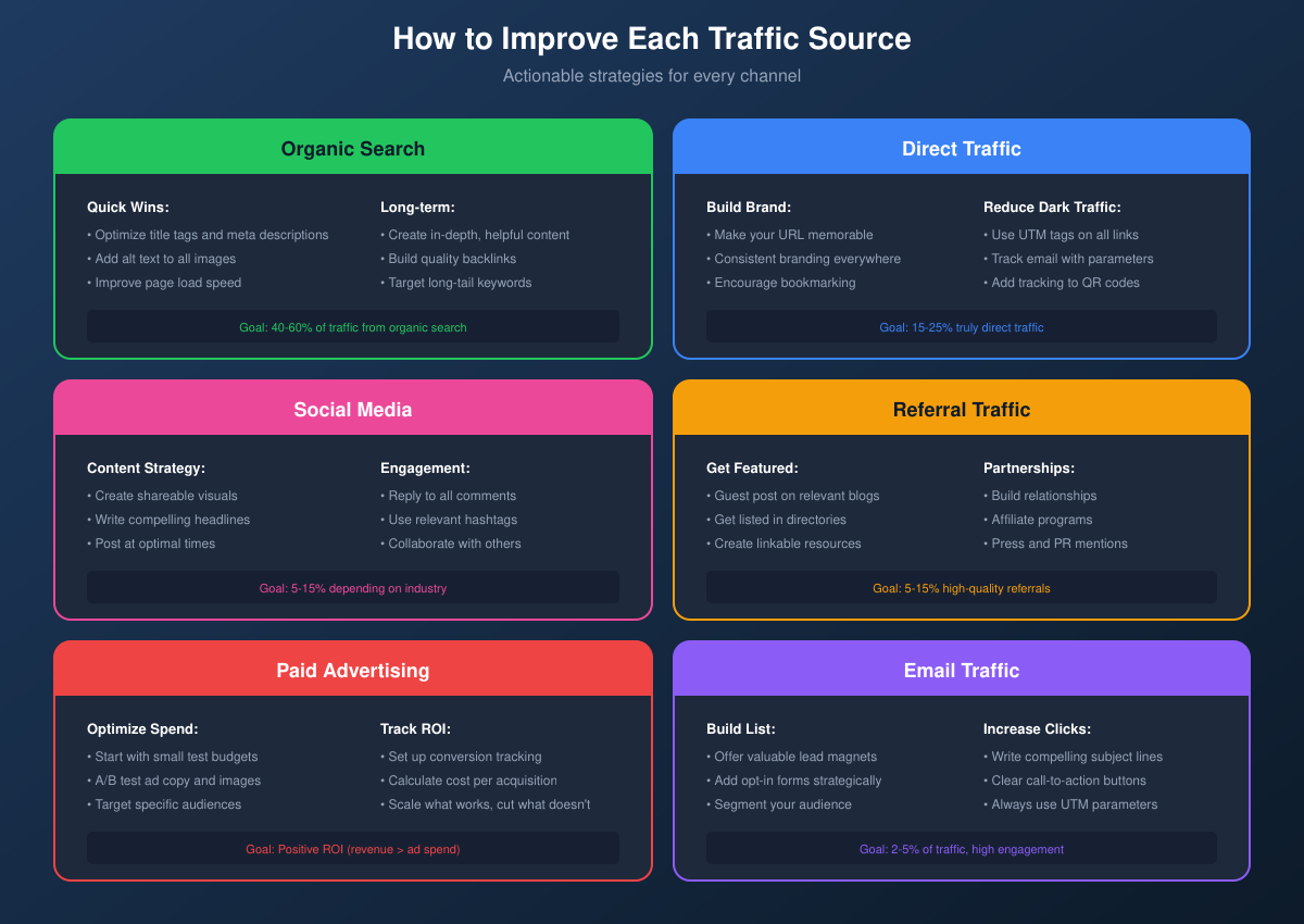 How to improve each traffic source - showing strategies for organic, direct, social, referral, paid, and email traffic