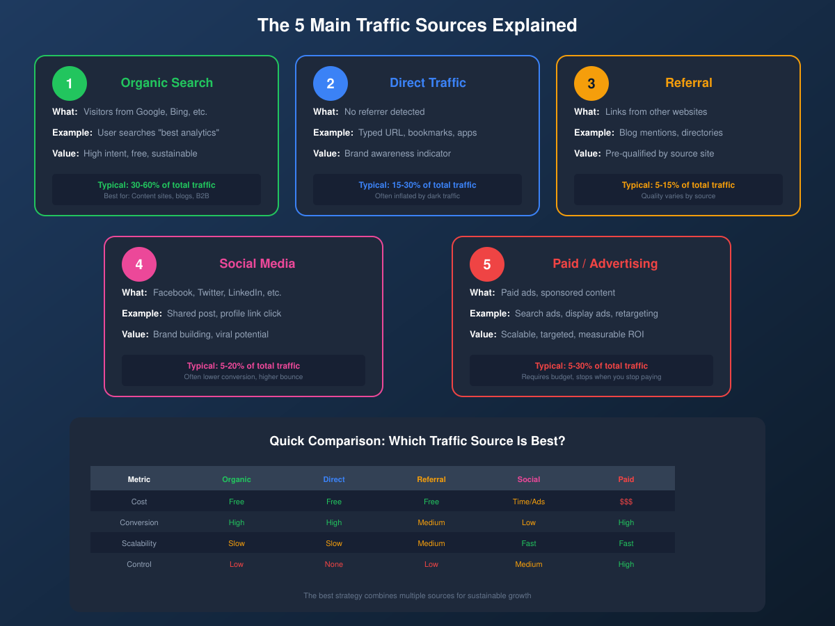Five traffic sources detailed comparison - organic search, direct, social, referral, and paid advertising with characteristics and examples