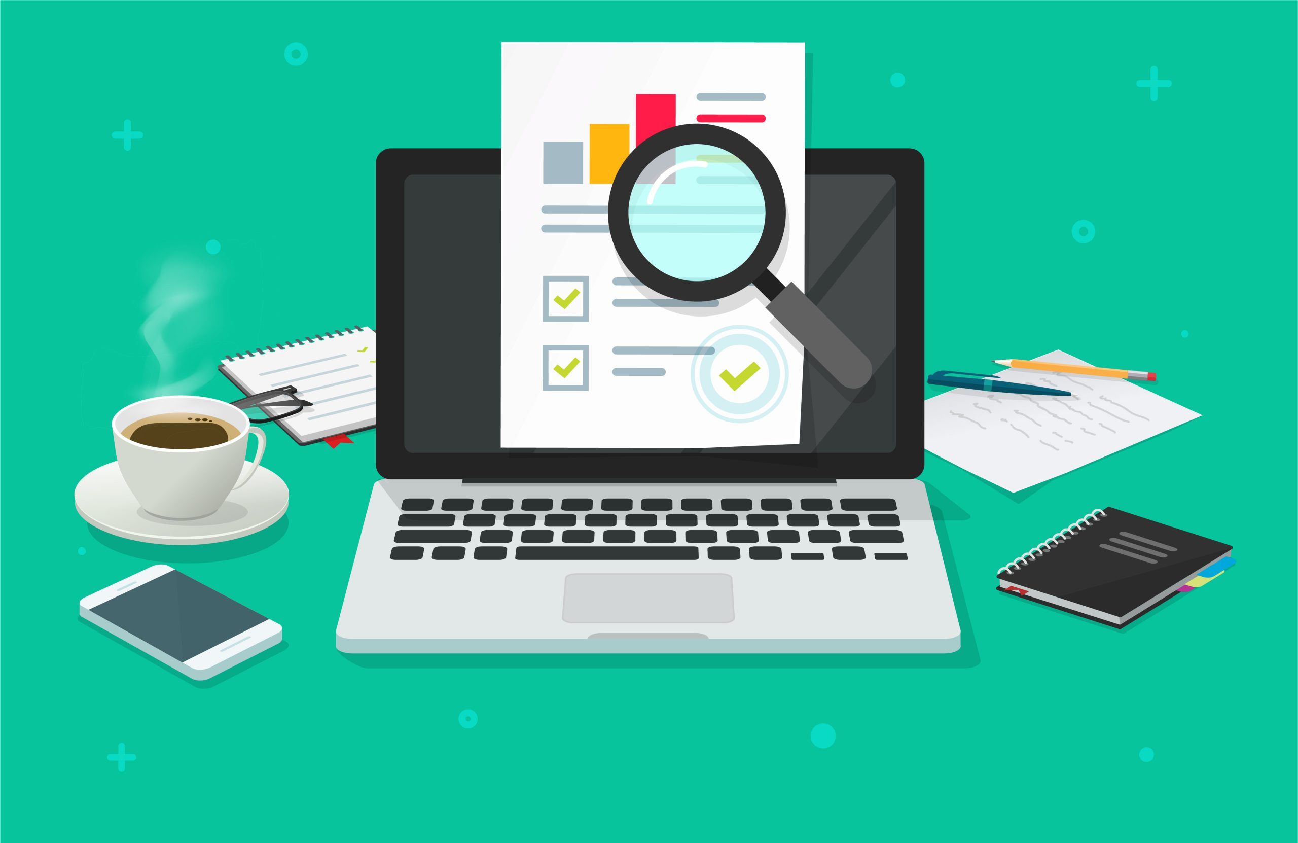 Analytics audit concept with laptop, magnifying glass, and checklist