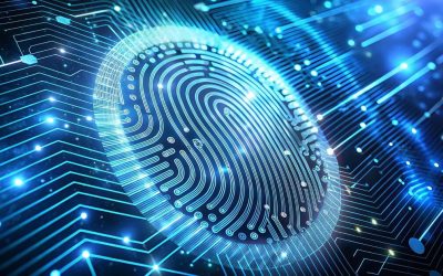 Digital fingerprint over a circuit board, representing the difference between anonymised and pseudonymised analytics data