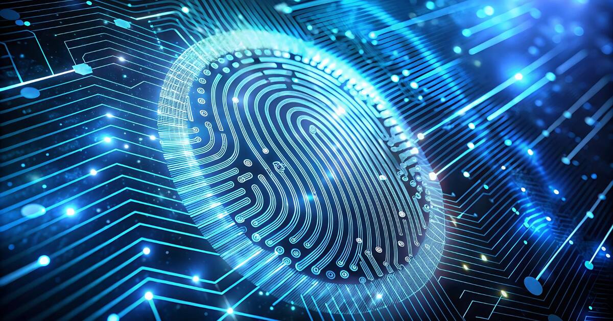 Digital fingerprint over a circuit board, representing the difference between anonymised and pseudonymised analytics data