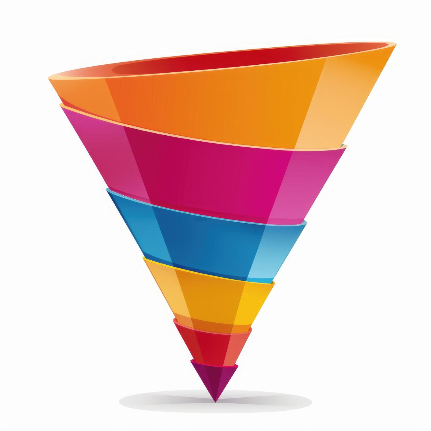 Colourful 3D sales funnel cone representing the website tracking funnel stages